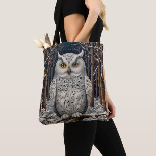 Elegant boho white owl woodland winter forest tote bag