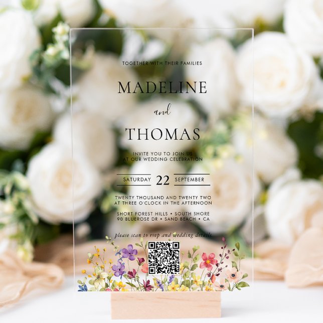 Elegant Boho Wild Flower Photo QR Code Wedding Acrylic Invitations (Creator Uploaded)