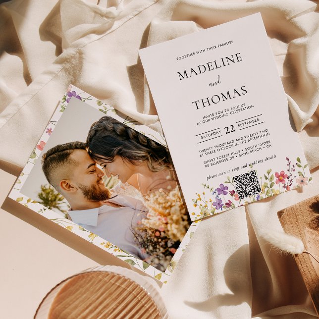 Elegant Boho Wild Flower Photo QR Code Wedding Invitation (Creator Uploaded)