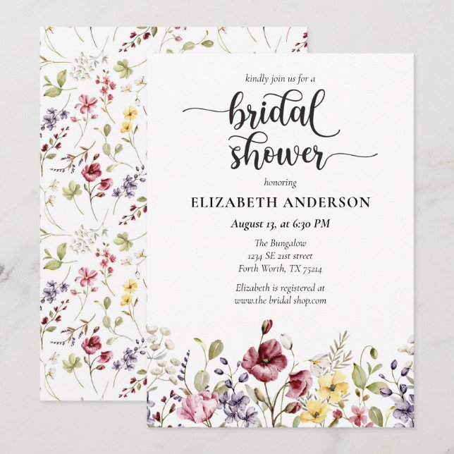 Elegant Boho Wildflower Bridal Shower Invitation (Front/Back)