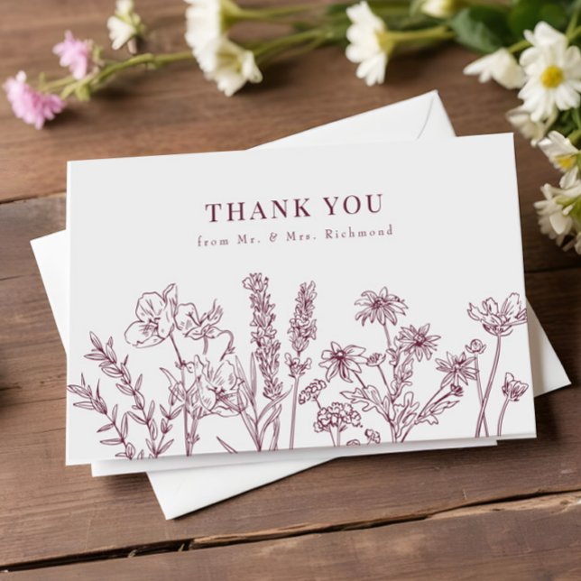 Elegant Boho Wildflower Burgundy Wedding Thank You Card (Creator Uploaded)