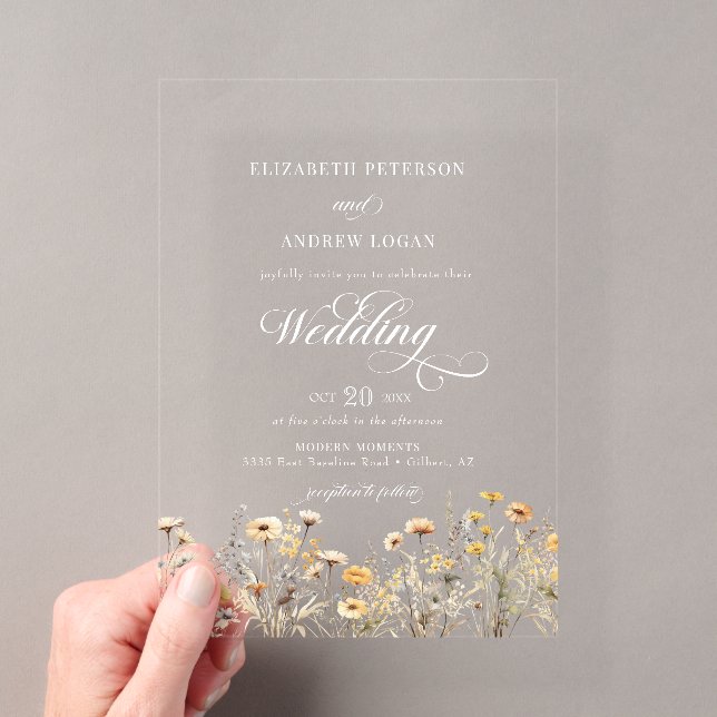 Elegant Boho Wildflower Calligraphy  Wedding Acrylic Invitations (Insitu (Handheld))