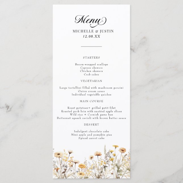 Elegant Boho Wildflower Calligraphy Wedding Menu (Front)