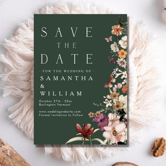 Elegant Boho Wildflower Dark Green Save The Date Invitation (Creator Uploaded)