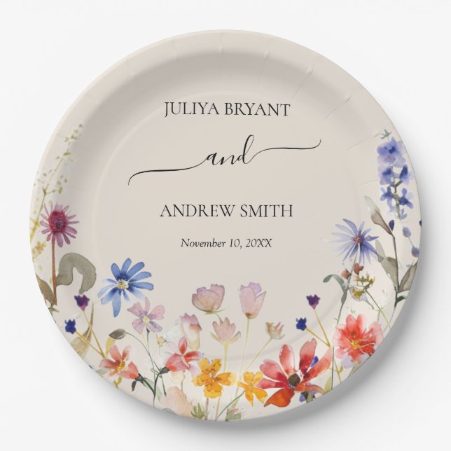 Elegant boho wildflower engagement party paper plate (Front)