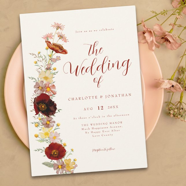 Elegant Boho Wildflower Fall  Invitation (Boho chic wildflower earthy tones wedding invitation )