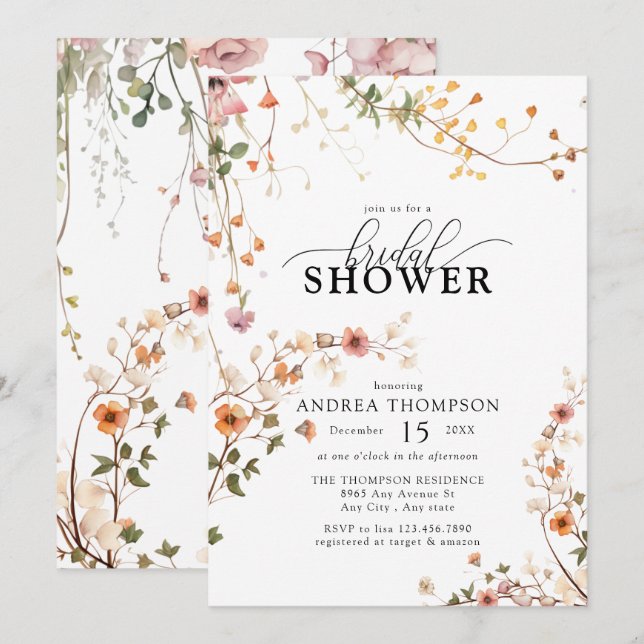 Elegant Boho Wildflower Floral Bridal Shower  Invitation (Front/Back)