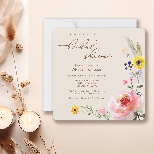 Elegant Boho Wildflower Floral Bridal Shower Invitation (Boho wildflower watercolor bridal shower invitation template.)