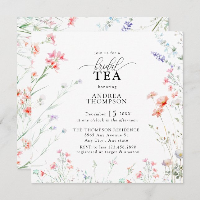 Elegant Boho Wildflower Floral Bridal Tea Invitation (Front/Back)