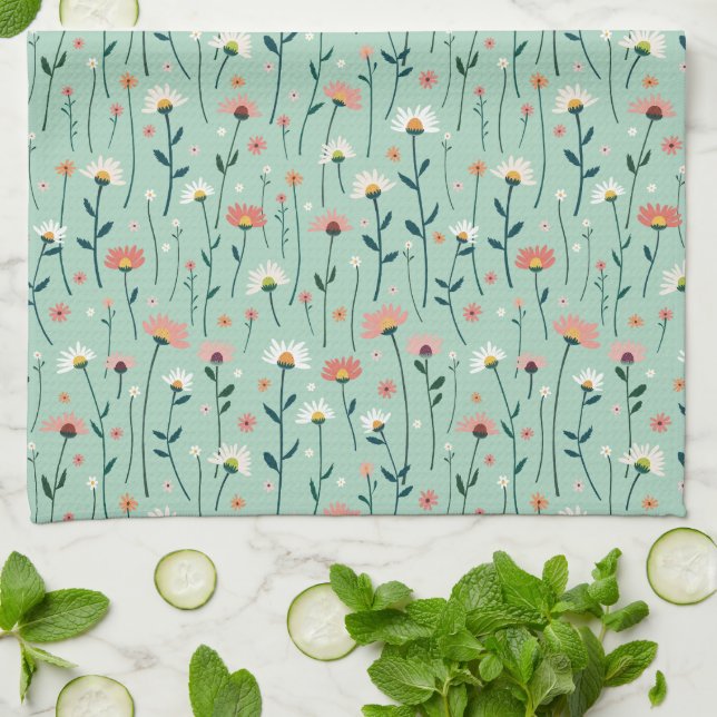 Elegant Boho Wildflower Garden Aqua Teal Tea Towel (Folded)