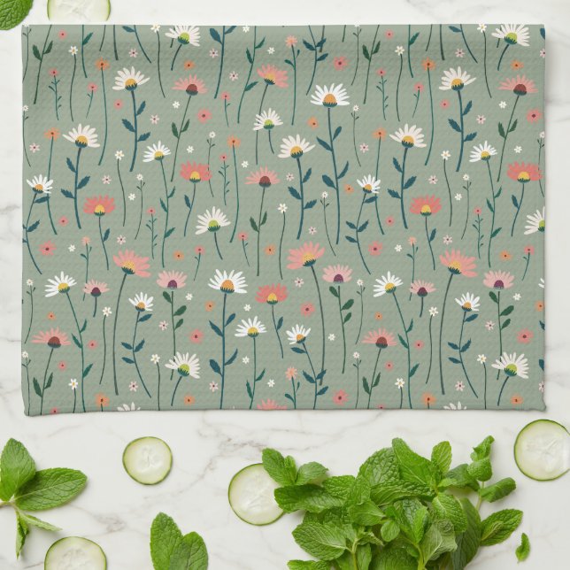 Elegant Boho Wildflower Garden Sage Green Tea Towel (Folded)