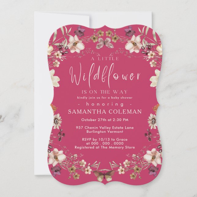 Elegant Boho Wildflower Hot Pink Baby Shower Invitation (Front)