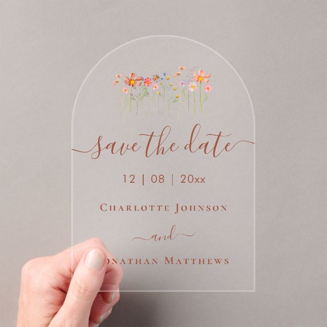 Elegant Boho Wildflower Meadow Wedding Acrylic Invitations (Insitu (Handheld))