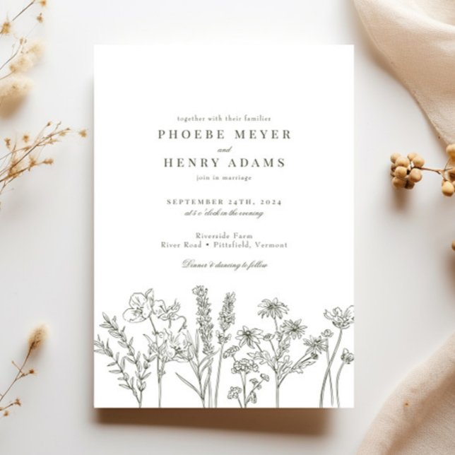 Elegant Boho Wildflower Olive Green Wedding Invitation (Creator Uploaded)