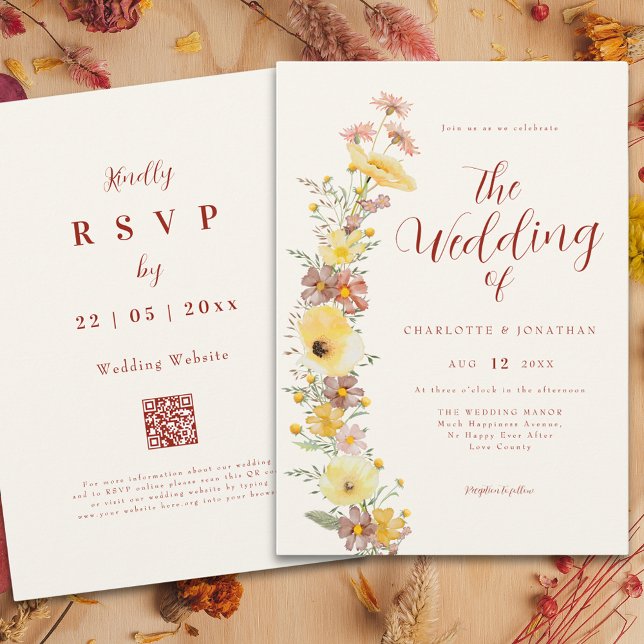 Elegant Boho Wildflower QR Code Invitation (Boho chic wildflower fall wedding qr code invitation )