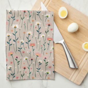 Elegant Boho Wildflower Summer Garden Taupe  Tea Towel