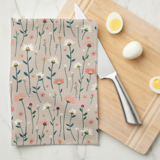 Elegant Boho Wildflower Summer Garden Taupe Tea Towel