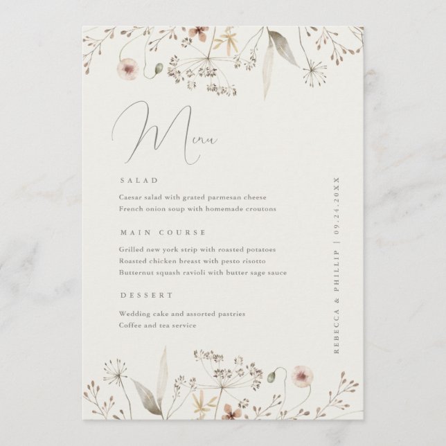 Elegant Boho Wildflower Wedding Dinner Menu (Front)