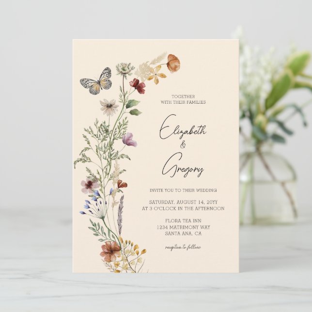 Elegant Boho Wildflower Wedding Invitation (Standing Front)