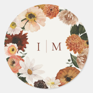 Elegant Boho Wildflower Wedding Monogram Classic Round Sticker
