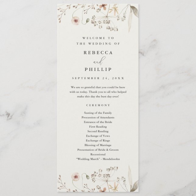 Elegant Boho Wildflower Wedding Programme (Front)
