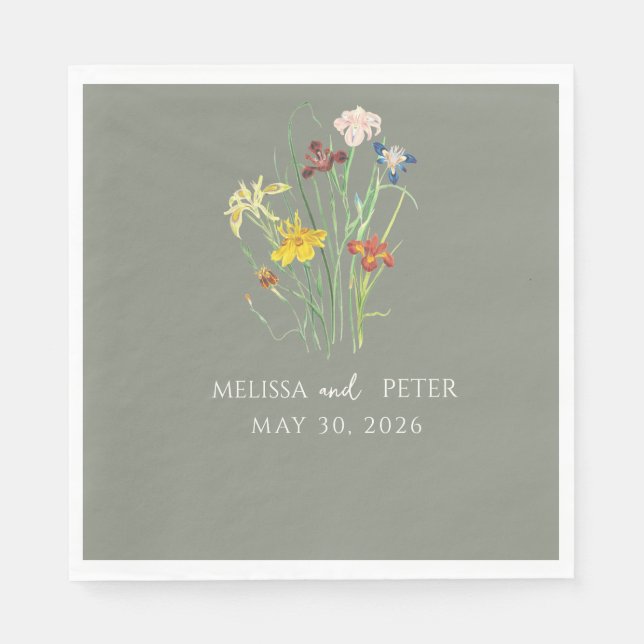 Elegant Boho Wildflower Wedding  | Sage Green  Napkin (Front)