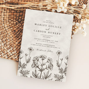 Elegant Boho Wildflower White Texture Wedding Invitation