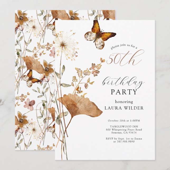 Elegant Boho Wildflowers 50th Birthday Party Invitation (Front/Back)