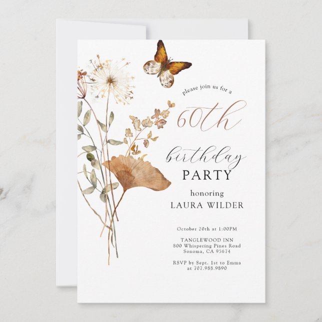 Elegant Boho Wildflowers 60th Birthday Party Invitation (Front)