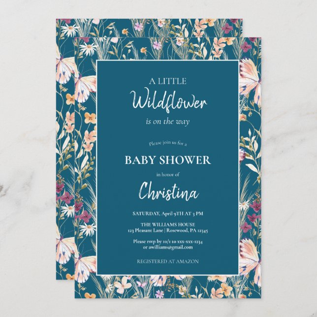 Elegant Boho Wildflowers Blue Baby Shower Invitation (Front/Back)