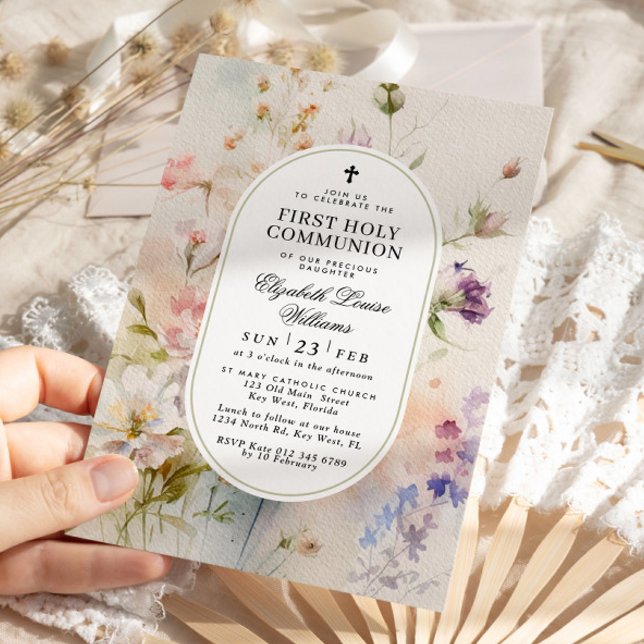 Elegant Boho Wildflowers First Holy Communion Invitation (Creator Uploaded)