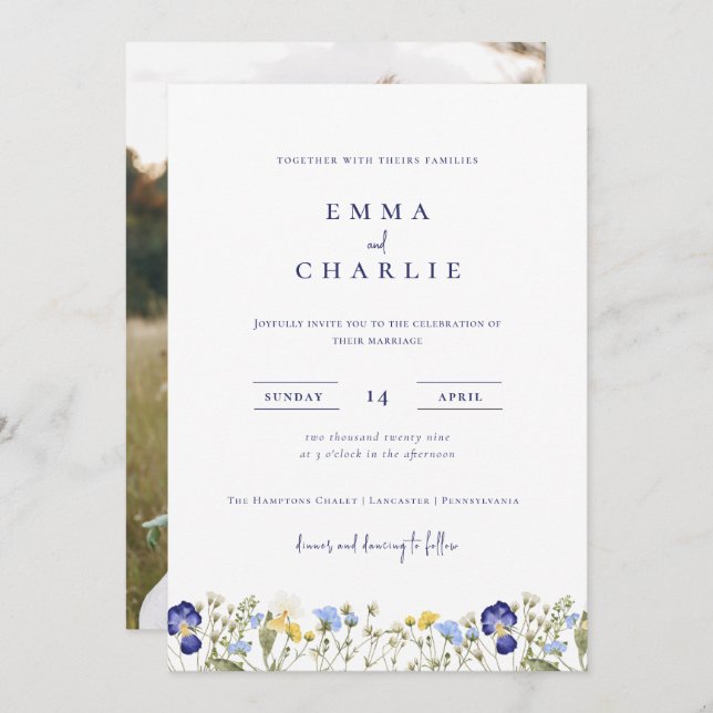 Elegant Boho Wildflowers Photo Wedding Invitation (Front/Back)