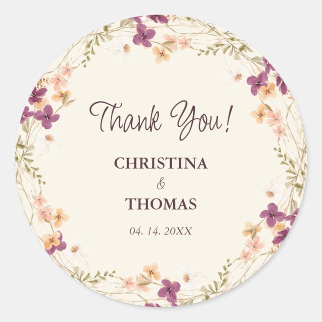 Elegant Boho Wildflowers Wedding Classic Round Sticker (Front)