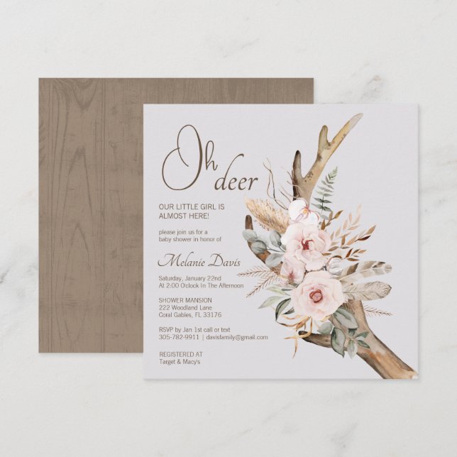 Elegant Boho Woodland Baby Shower Invitation – Wat (Front/Back)