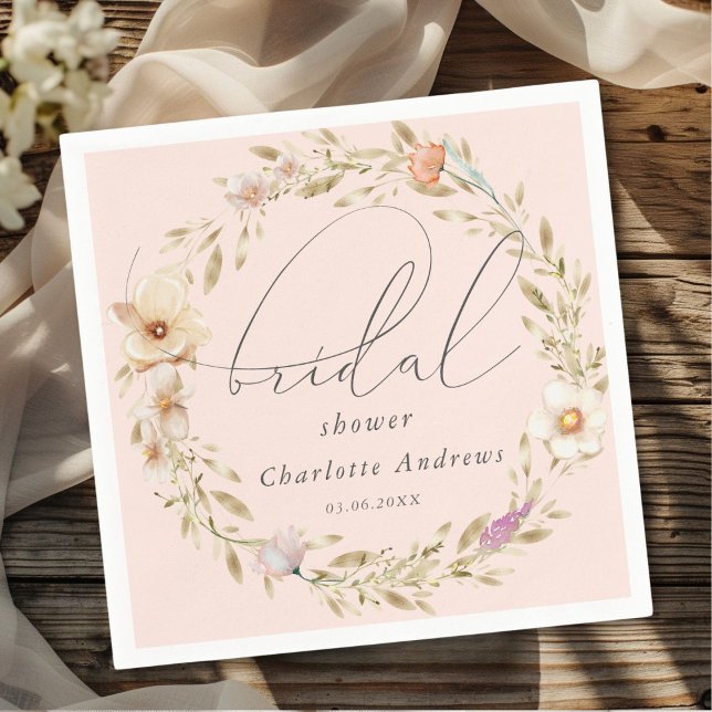 Elegant, boho wreath, handwriting Bridal Shower Napkin (Personalized, elegant, boho wreath, handwriting Bridal Shower Napkins)