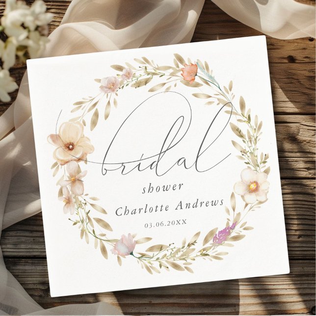 Elegant, boho wreath, handwriting Bridal Shower Napkin (Personalized, elegant, boho wreath, handwriting Bridal Shower Napkins)