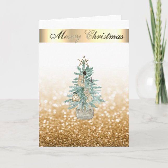 Elegant Bokeh Faux Gold,Watercolor Christmas Tree  Holiday Card (Front)