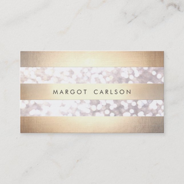 Elegant Bokeh Gold Coloured Striped Light Grey Chi Business Card (Front)