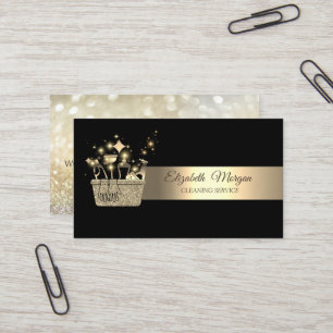Elegant Bokeh Gold Glitter Cleaning Tools Black Business Card