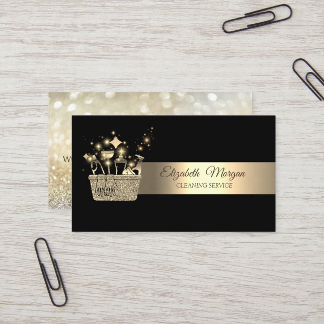 Elegant Bokeh Gold Glitter Cleaning Tools Black Business Card (Front/Back In Situ)