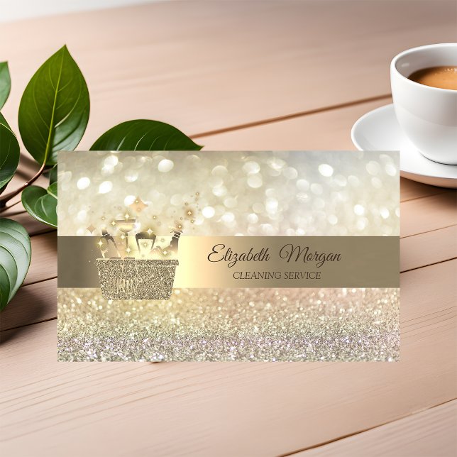 Elegant Bokeh Gold Glitter Cleaning Tools Business Card (Creator Uploaded)