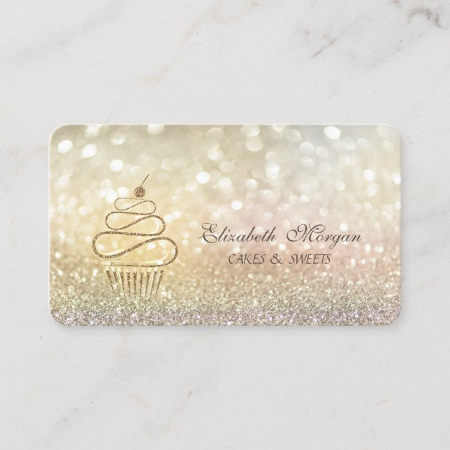 Elegant Bokeh Gold Glitter Cupcakes Business Card (Front)