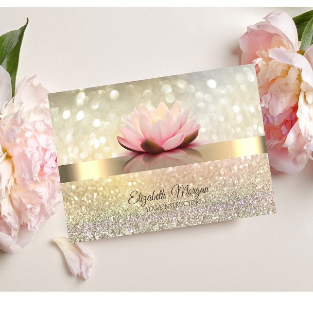 Elegant Bokeh Gold, Lotus Flower Yoga Instructor Business Card (Creator Uploaded)