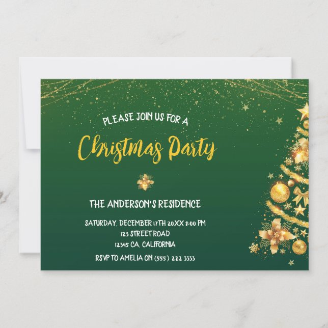 Elegant Bokeh Gold Pine Tree Christmas Party Invitation (Front)