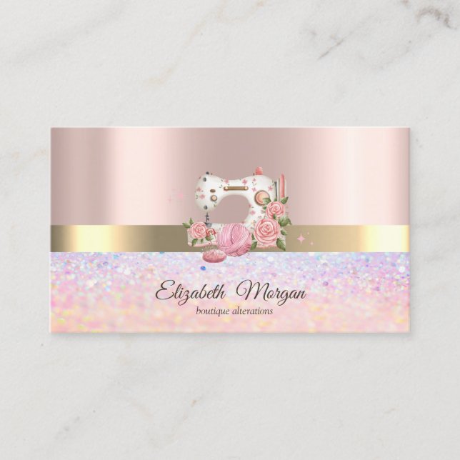 Elegant Bokeh Gold Stripe,White Sewing Machine Business Card (Front)