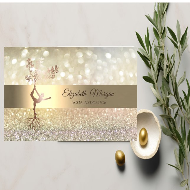 Elegant Bokeh Gold Tree Silhouette Yoga Instructor Business Card (Creator Uploaded)