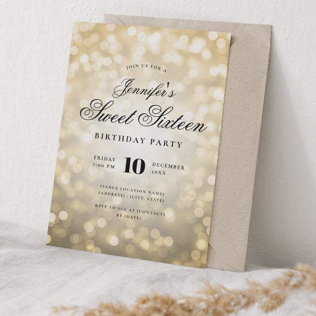 Elegant Bokeh Lights Formal Script Sweet 16 Gold Invitation (Elegant Bokeh Lights Formal Script Sweet 16 Gold Invitation)