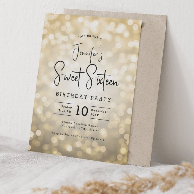 Elegant Bokeh Lights Modern Script Sweet 16 Gold Invitation (Elegant Bokeh Lights Modern Script Sweet 16 Gold Invitation)