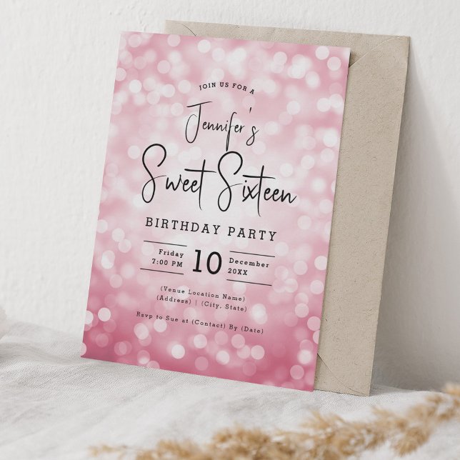Elegant Bokeh Modern Script Sweet 16 Blush Pink Invitation (Elegant Bokeh Modern Script Sweet 16 Blush Pink Invitation)