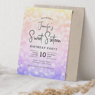 Elegant Bokeh Modern Script Sweet 16 Ombre Rainbow Invitation